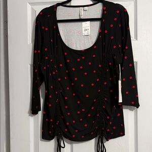 Black & Red Polka Dot Scoop Neck Women's Top with Ties on Each Side